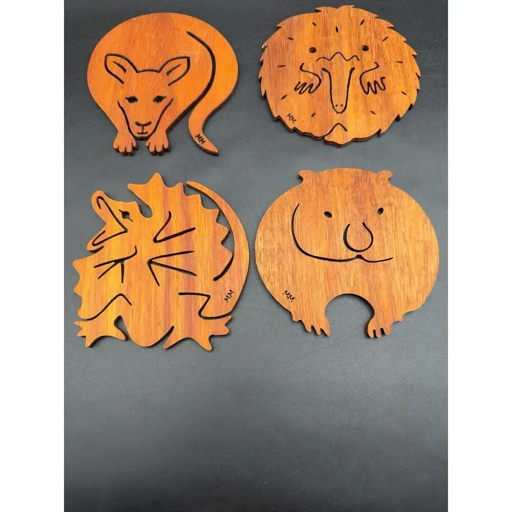 Vintage Mug Mats Australian Wood Animal Coasters Laser Cut MM Set of 4